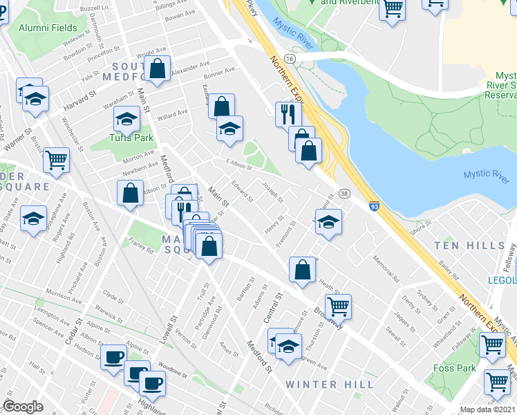 map of restaurants, bars, coffee shops, grocery stores, and more near 23 Edward Street in Medford