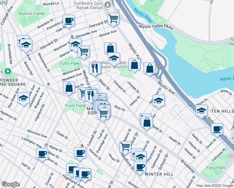 map of restaurants, bars, coffee shops, grocery stores, and more near 55 Dexter Street in Medford