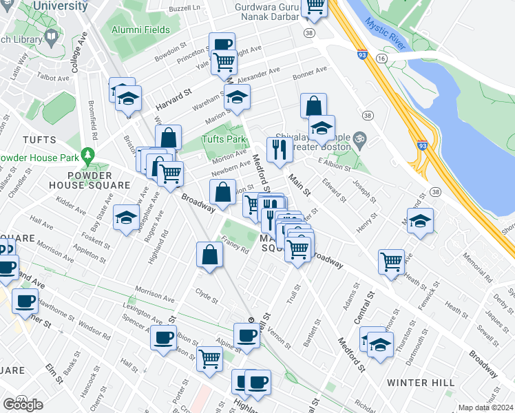 map of restaurants, bars, coffee shops, grocery stores, and more near 13 Winter Hill Road in Medford