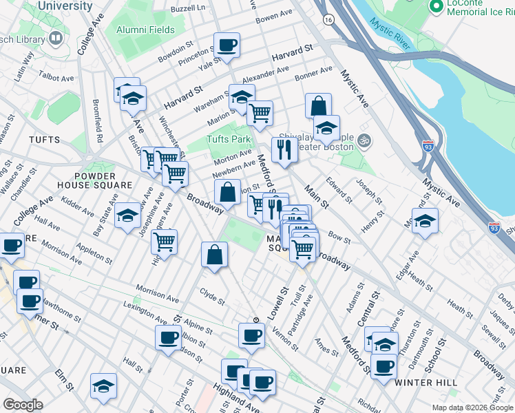 map of restaurants, bars, coffee shops, grocery stores, and more near 13 Winter Hill Road in Medford