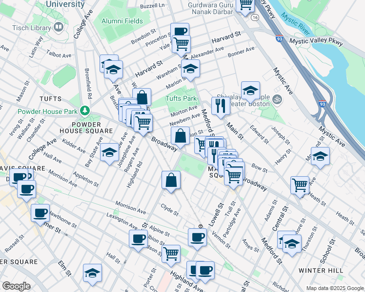 map of restaurants, bars, coffee shops, grocery stores, and more near 5 Alfred Terrace in Medford
