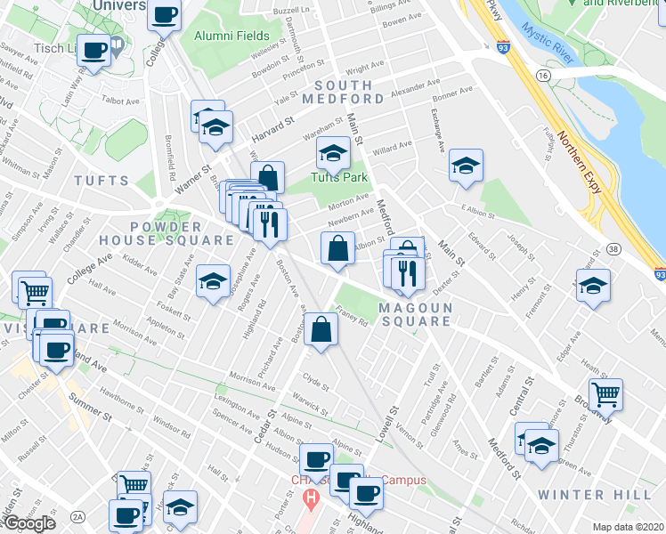 map of restaurants, bars, coffee shops, grocery stores, and more near 611 Broadway in Somerville