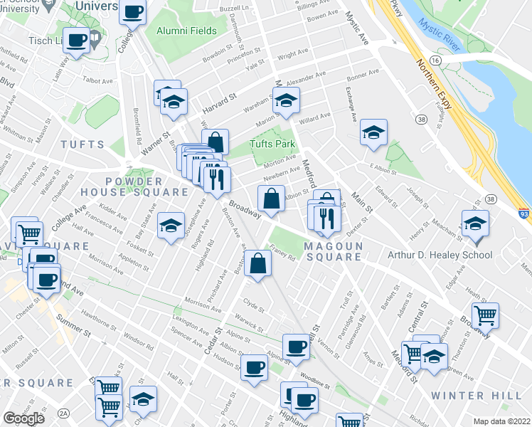 map of restaurants, bars, coffee shops, grocery stores, and more near 611 Broadway in Somerville