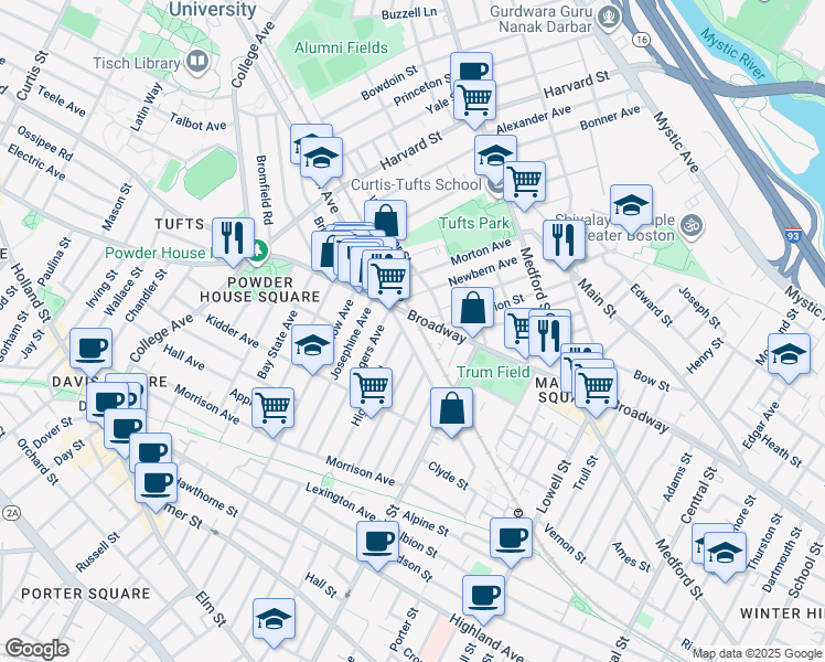 map of restaurants, bars, coffee shops, grocery stores, and more near in Somerville