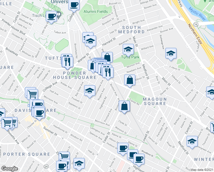 map of restaurants, bars, coffee shops, grocery stores, and more near 114 Rogers Avenue in Somerville