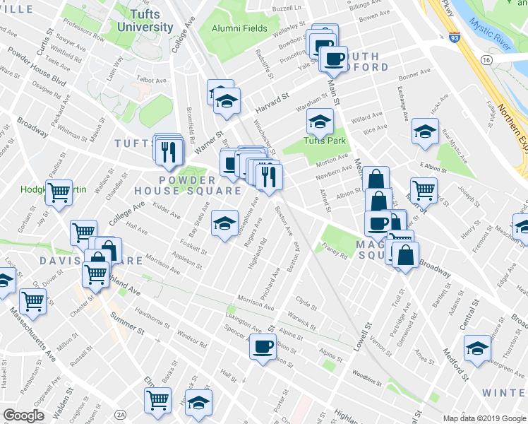 map of restaurants, bars, coffee shops, grocery stores, and more near 114 Rogers Avenue in Somerville