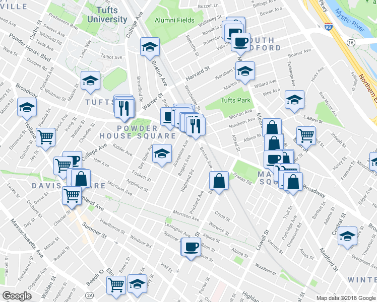 map of restaurants, bars, coffee shops, grocery stores, and more near 114 Rogers Avenue in Somerville