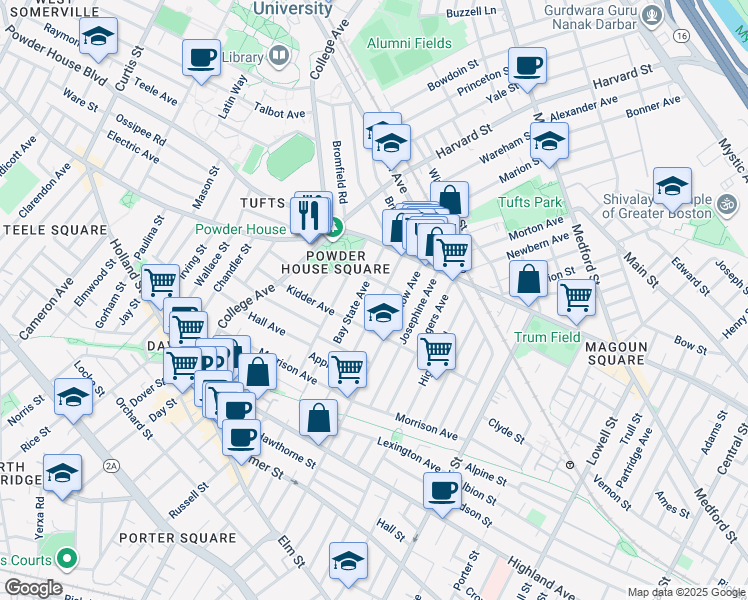 map of restaurants, bars, coffee shops, grocery stores, and more near 46 Bay State Avenue in Somerville