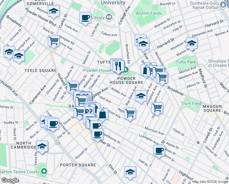 map of restaurants, bars, coffee shops, grocery stores, and more near 21 Kidder Avenue in Somerville