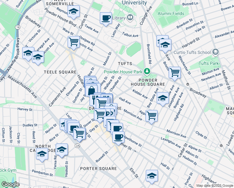 map of restaurants, bars, coffee shops, grocery stores, and more near 9 Chapel Street in Somerville