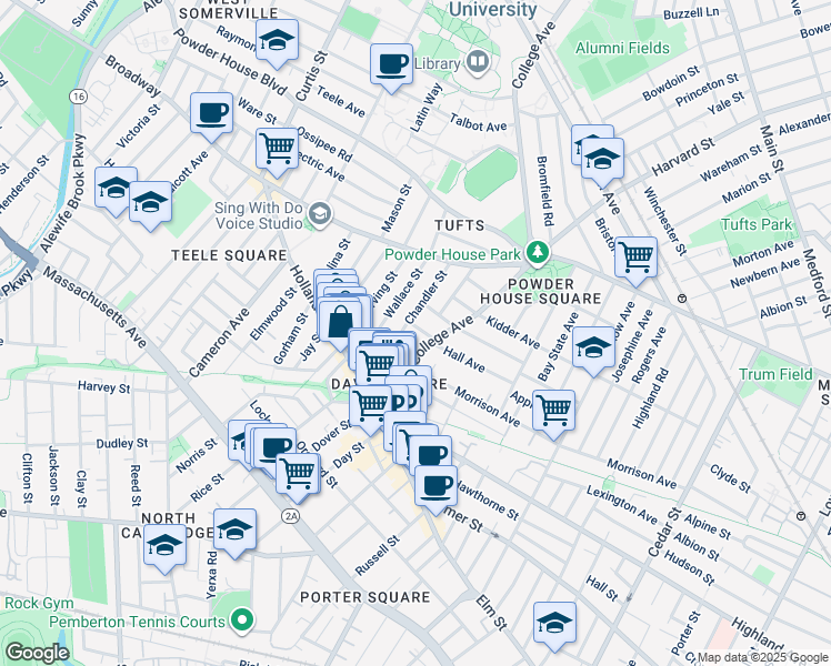 map of restaurants, bars, coffee shops, grocery stores, and more near 9 Chapel Street in Somerville