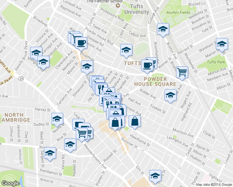 map of restaurants, bars, coffee shops, grocery stores, and more near 37 Wallace Street in Somerville
