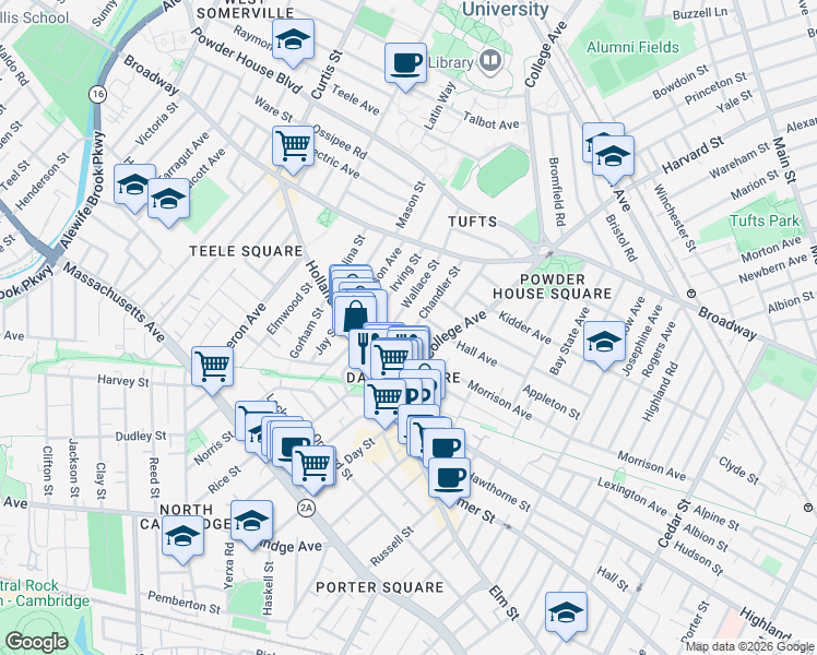 map of restaurants, bars, coffee shops, grocery stores, and more near 37 Wallace Street in Somerville