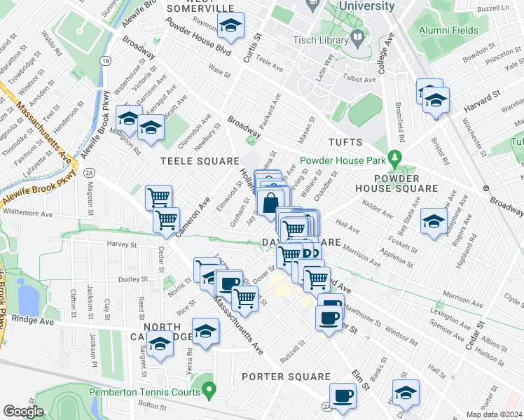 map of restaurants, bars, coffee shops, grocery stores, and more near in Somerville