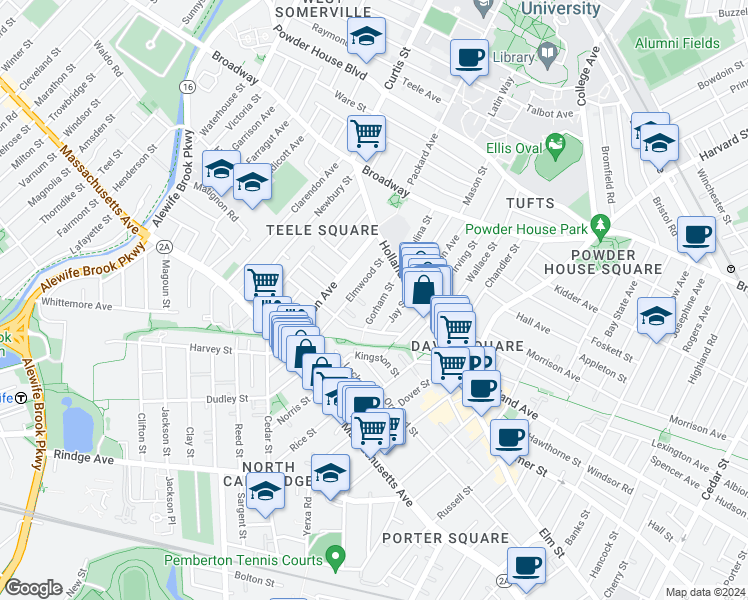 map of restaurants, bars, coffee shops, grocery stores, and more near 4A Elmwood Terrace in Somerville