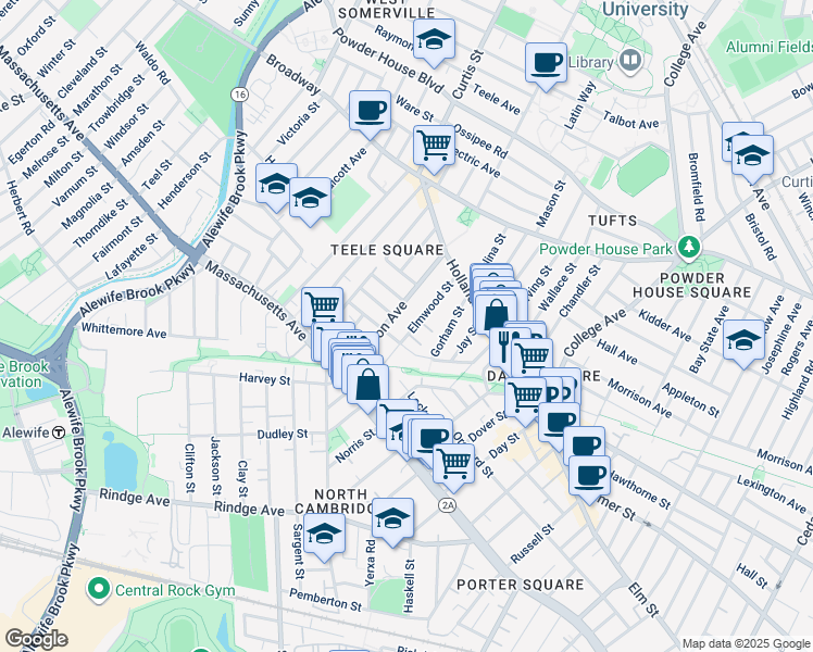 map of restaurants, bars, coffee shops, grocery stores, and more near 4A Elmwood Terrace in Somerville