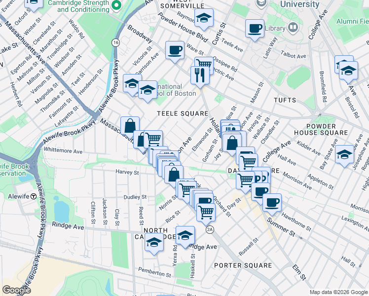 map of restaurants, bars, coffee shops, grocery stores, and more near 64 Cameron Avenue in Somerville