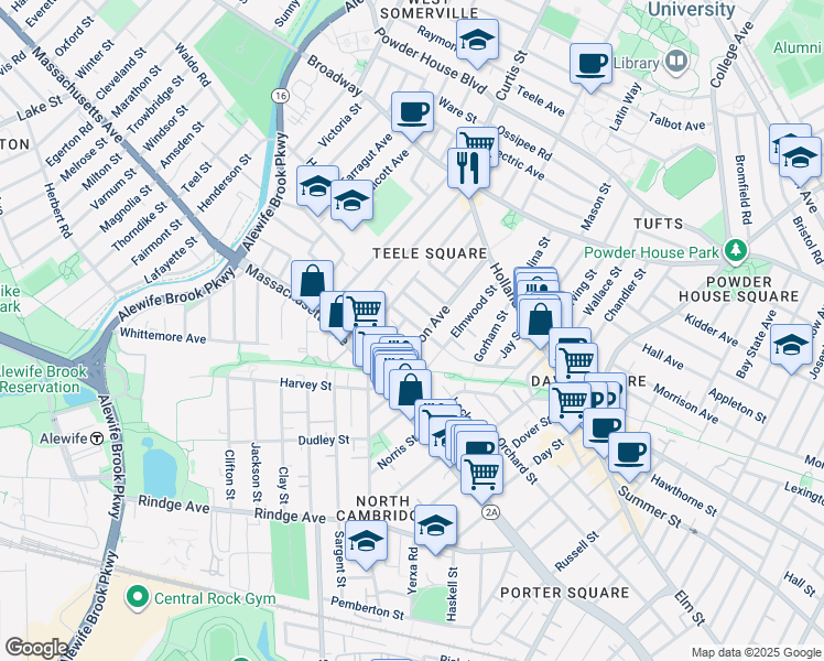 map of restaurants, bars, coffee shops, grocery stores, and more near 64 Cameron Avenue in Somerville