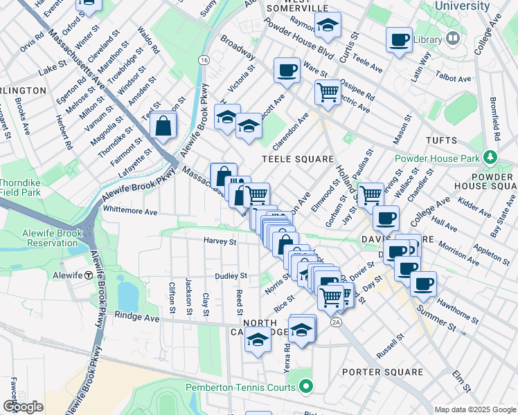 map of restaurants, bars, coffee shops, grocery stores, and more near 2473 Massachusetts Avenue in Cambridge