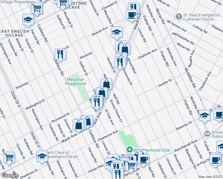 map of restaurants, bars, coffee shops, grocery stores, and more near 17500 Mack Avenue in Grosse Pointe