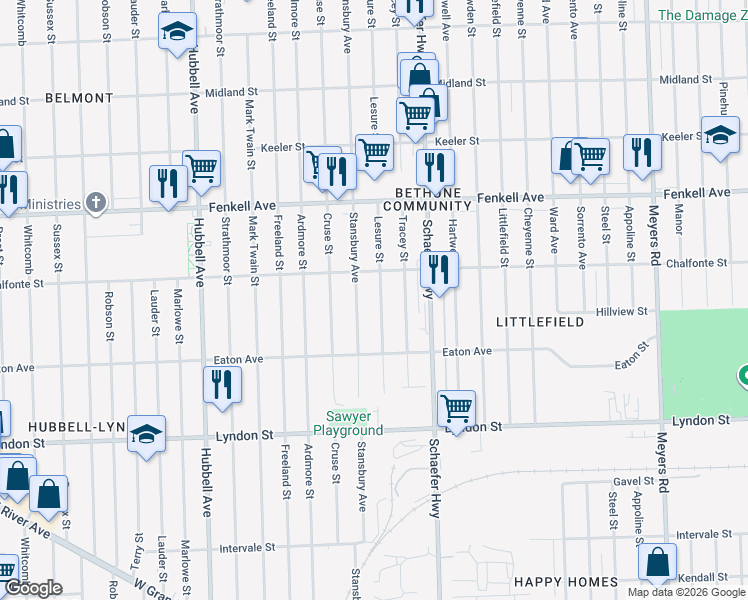 map of restaurants, bars, coffee shops, grocery stores, and more near 14924 Lesure Street in Detroit