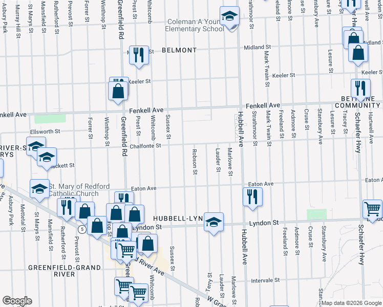 map of restaurants, bars, coffee shops, grocery stores, and more near 14951 Robson Street in Detroit
