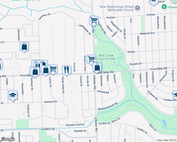 map of restaurants, bars, coffee shops, grocery stores, and more near 27456 Five Mile Road in Livonia