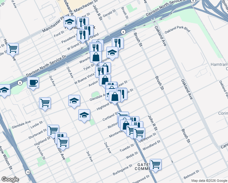 map of restaurants, bars, coffee shops, grocery stores, and more near 12560 Woodward Avenue in Highland Park