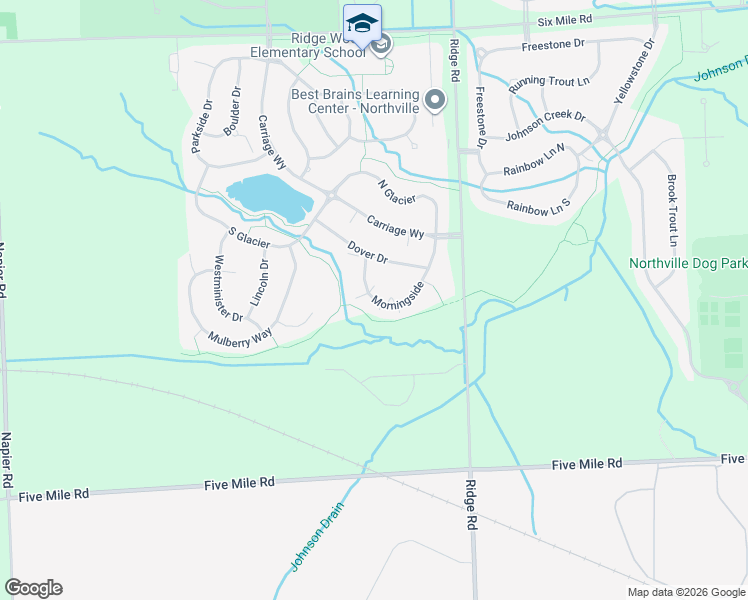 map of restaurants, bars, coffee shops, grocery stores, and more near 15957 Morningside in Northville