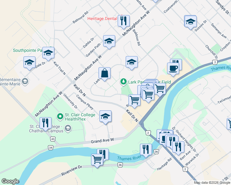 map of restaurants, bars, coffee shops, grocery stores, and more near 4 Quail Place in Chatham