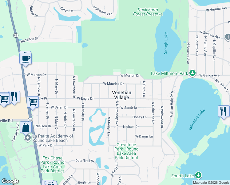 map of restaurants, bars, coffee shops, grocery stores, and more near in Venetian Village