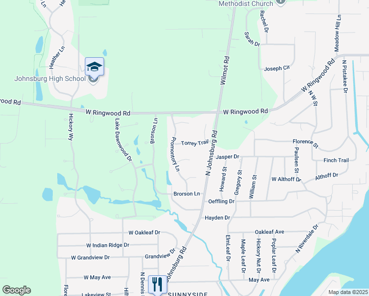 map of restaurants, bars, coffee shops, grocery stores, and more near 4908 Promontory Lane in Johnsburg