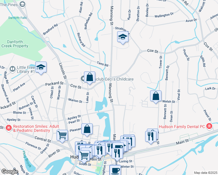 map of restaurants, bars, coffee shops, grocery stores, and more near 124 Manning Street in Hudson