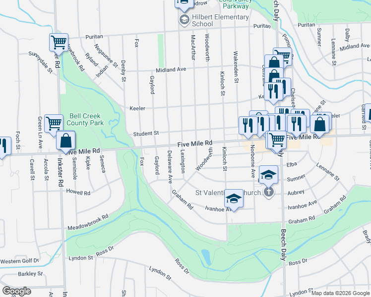 map of restaurants, bars, coffee shops, grocery stores, and more near 26443 Five Mile Road in Redford Charter Township