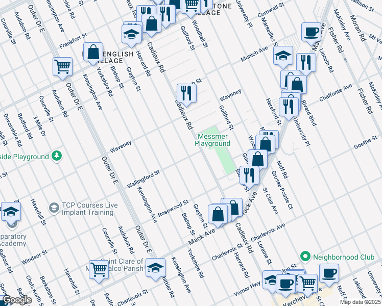 map of restaurants, bars, coffee shops, grocery stores, and more near 4100 Harvard Road in Detroit
