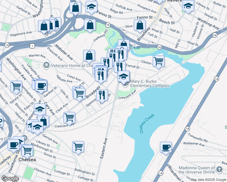 map of restaurants, bars, coffee shops, grocery stores, and more near 1 Webster Avenue in Chelsea