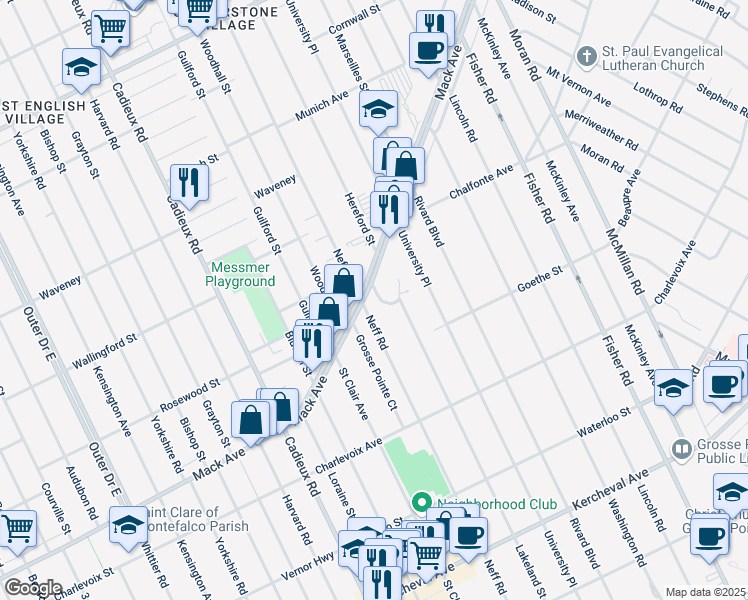 map of restaurants, bars, coffee shops, grocery stores, and more near 17500 Mack Avenue in Grosse Pointe