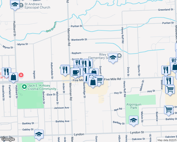 map of restaurants, bars, coffee shops, grocery stores, and more near 30950 Five Mile Road in Livonia