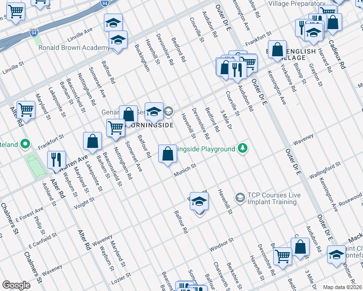 map of restaurants, bars, coffee shops, grocery stores, and more near 4707 Buckingham in Detroit