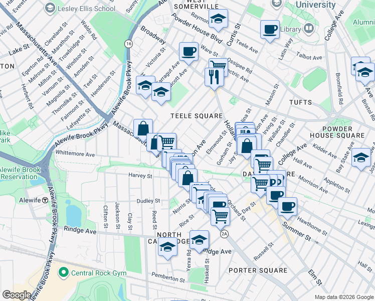 map of restaurants, bars, coffee shops, grocery stores, and more near 64 Cameron Avenue in Somerville