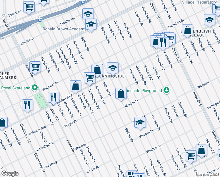 map of restaurants, bars, coffee shops, grocery stores, and more near 4834 Balfour Road in Detroit
