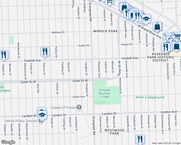 map of restaurants, bars, coffee shops, grocery stores, and more near 15058 Vaughan Street in Detroit