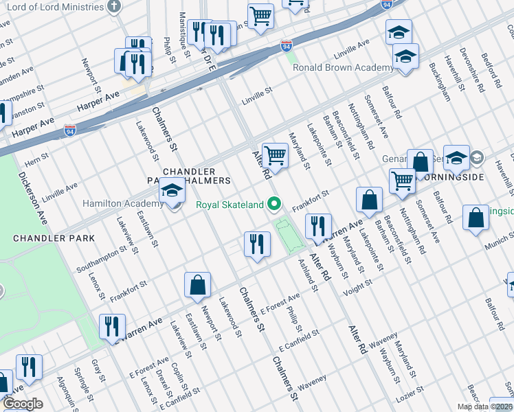 map of restaurants, bars, coffee shops, grocery stores, and more near 5259 Manistique Street in Detroit