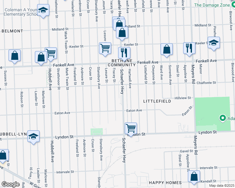 map of restaurants, bars, coffee shops, grocery stores, and more near 14918 Tracey Street in Detroit
