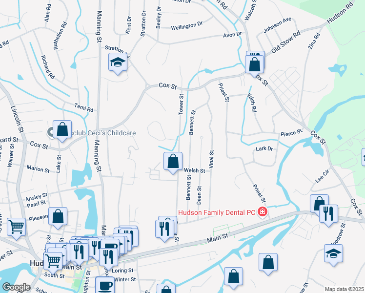 map of restaurants, bars, coffee shops, grocery stores, and more near 81 Tower Street in Hudson
