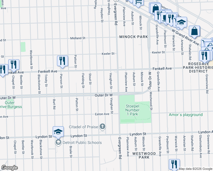 map of restaurants, bars, coffee shops, grocery stores, and more near 15056 Heyden Street in Detroit