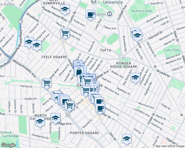 map of restaurants, bars, coffee shops, grocery stores, and more near 37 Wallace Street in Somerville