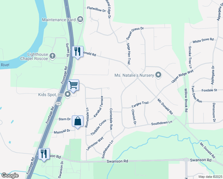 map of restaurants, bars, coffee shops, grocery stores, and more near 5715 Tall Pines Parkway in Roscoe