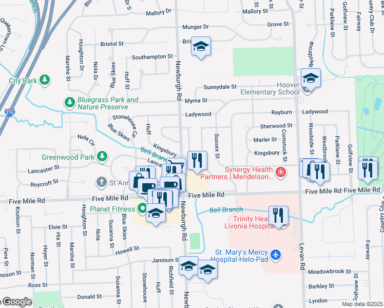map of restaurants, bars, coffee shops, grocery stores, and more near 15667 Hunter Grove Court in Livonia