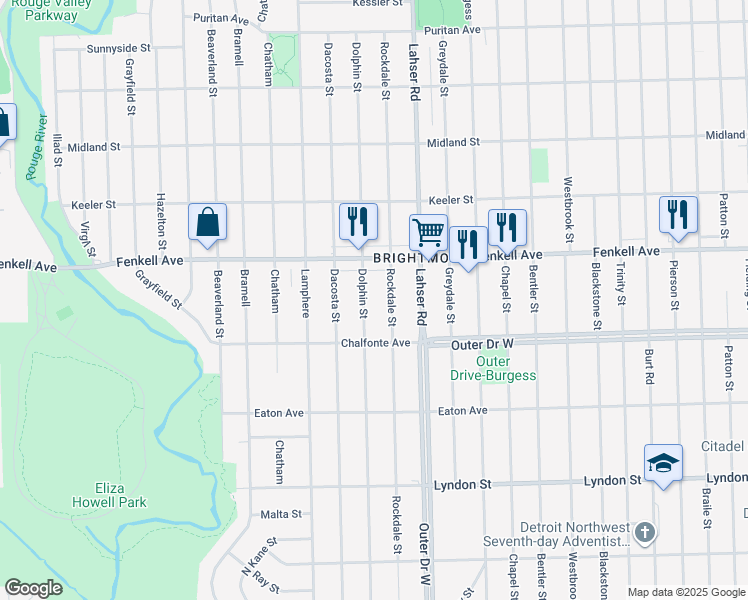 map of restaurants, bars, coffee shops, grocery stores, and more near 15094 Dolphin Street in Detroit
